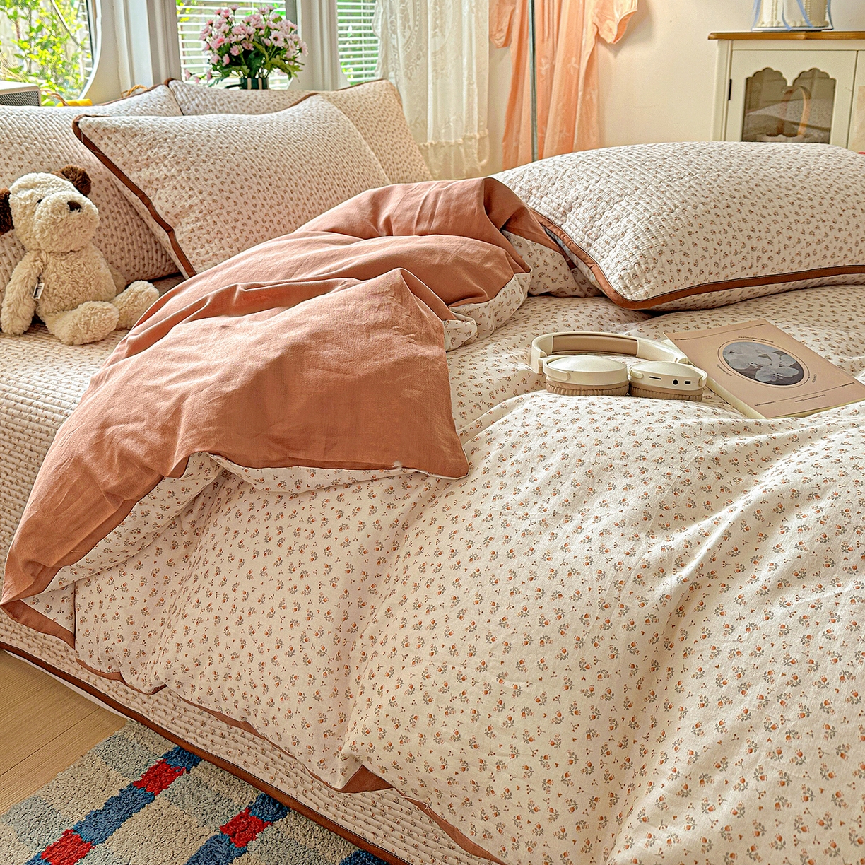 91家纺网 家纺一手货源 找家纺 文黛家居 2026新款全棉双层纱床盖四件套 浅苔-杏