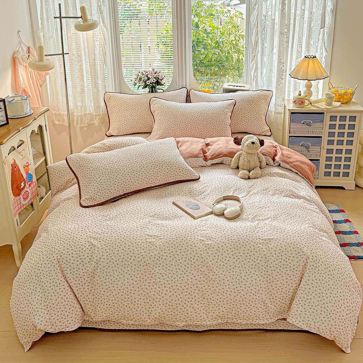 91家纺网 家纺一手货源 找家纺 文黛家居 2026新款全棉双层纱床盖四件套 浅苔-杏