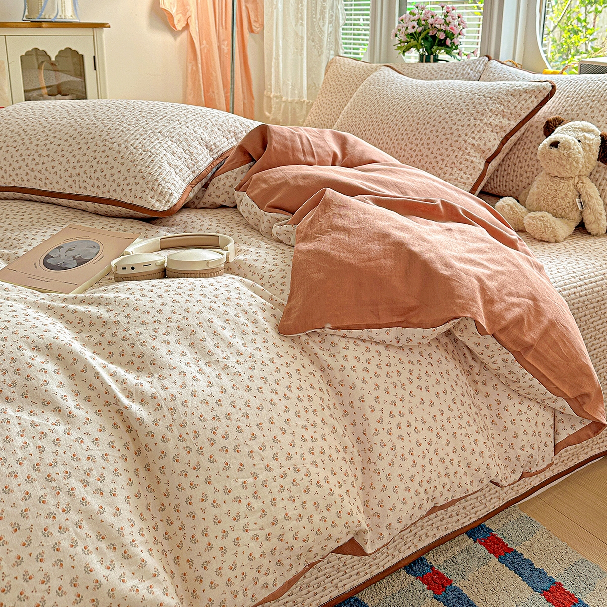 91家纺网 家纺一手货源 找家纺 文黛家居 2026新款全棉双层纱床盖四件套 浅苔-杏