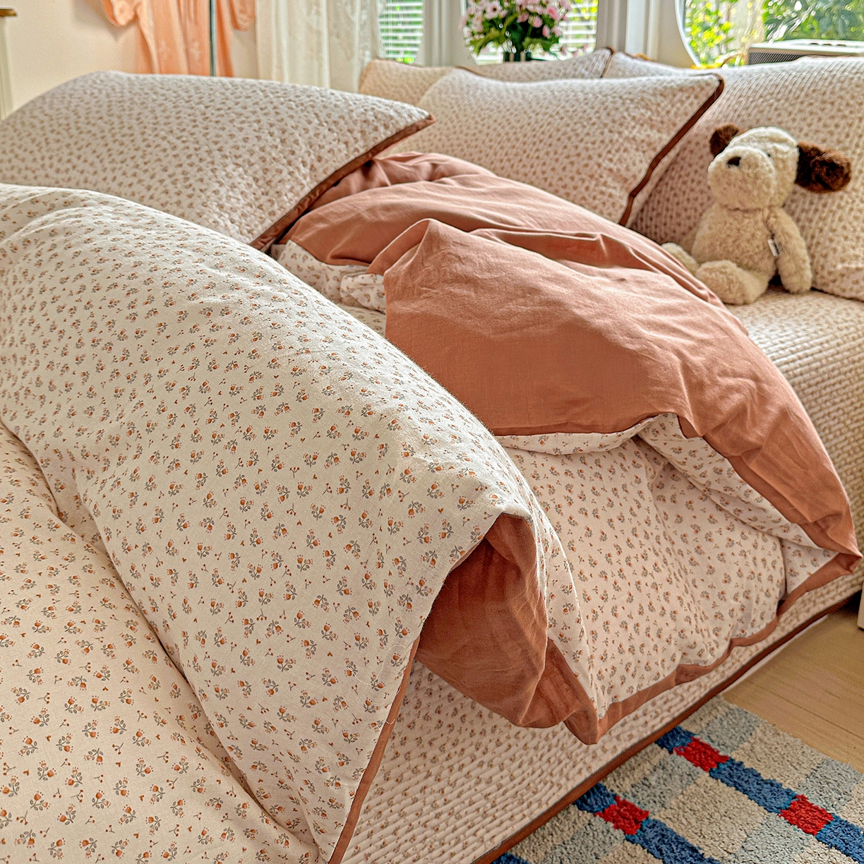 文黛家居 2026新款全棉双层纱床盖四件套 浅苔-杏