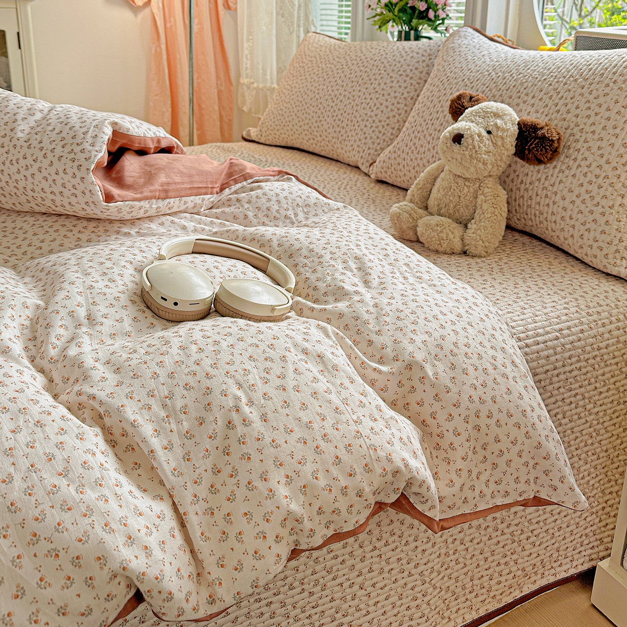 91家纺网 家纺一手货源 找家纺 文黛家居 2026新款全棉双层纱床盖四件套 浅苔-杏