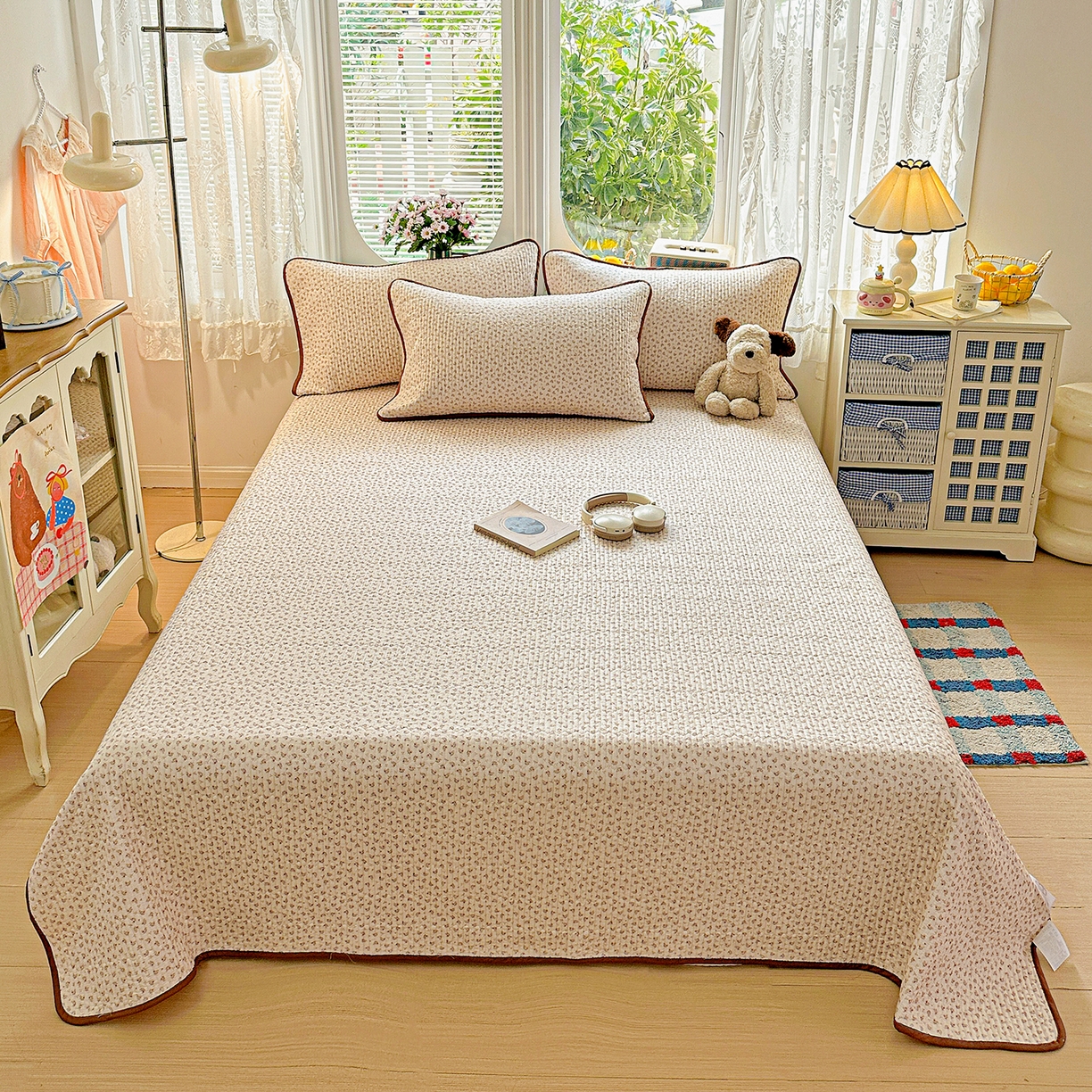 91家纺网 家纺一手货源 找家纺 文黛家居 2026新款全棉双层纱床盖四件套 浅苔-杏