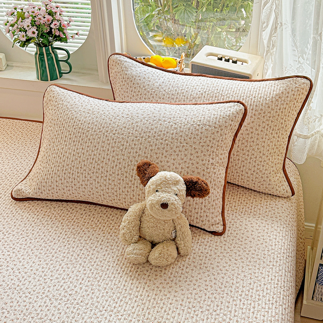 91家纺网 家纺一手货源 找家纺 文黛家居 2026新款全棉双层纱床盖四件套 浅苔-杏