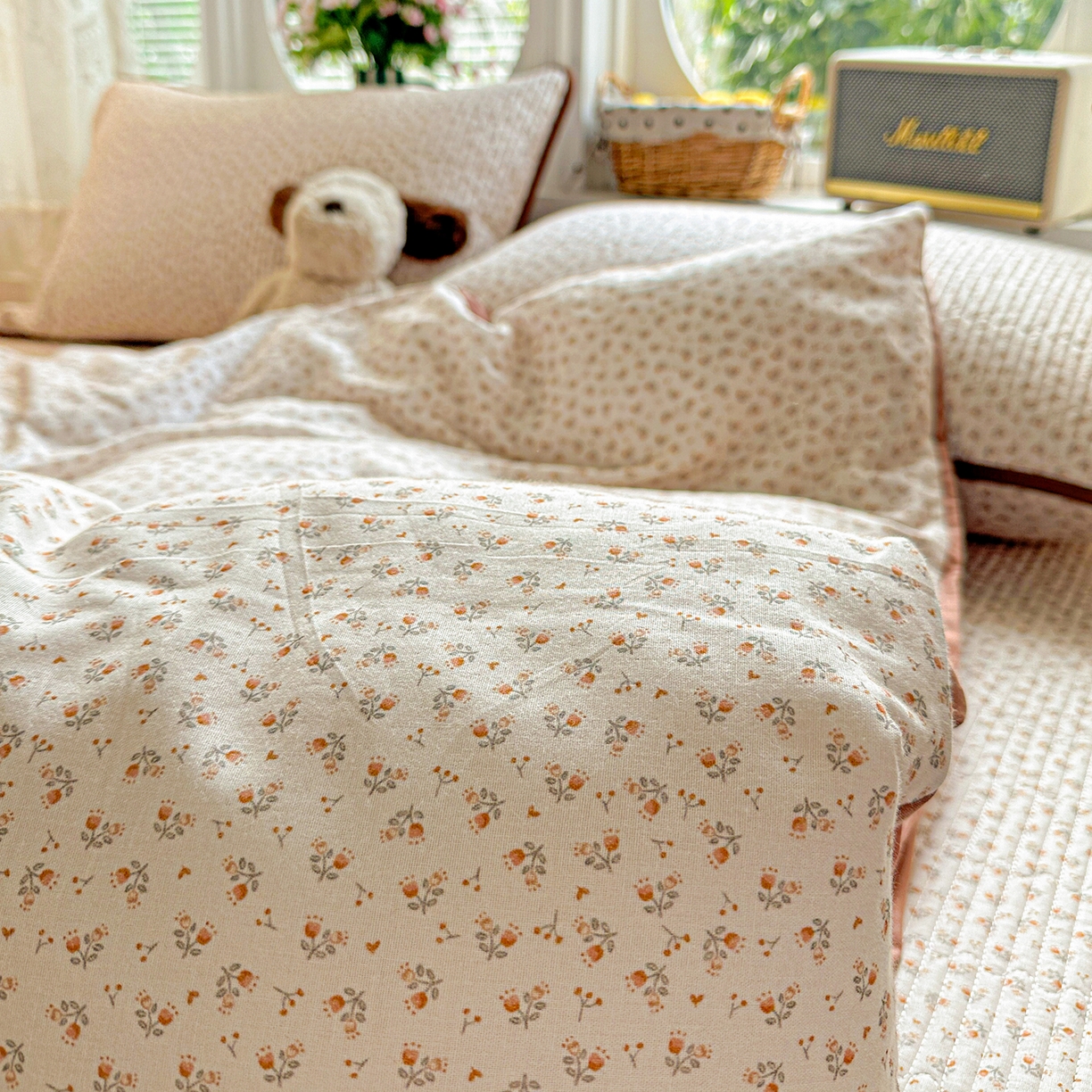 91家纺网 家纺一手货源 找家纺 文黛家居 2026新款全棉双层纱床盖四件套 浅苔-杏