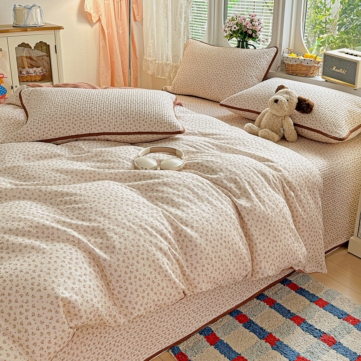 91家纺网 家纺一手货源 找家纺 文黛家居 2026新款全棉双层纱床盖四件套 浅苔-杏