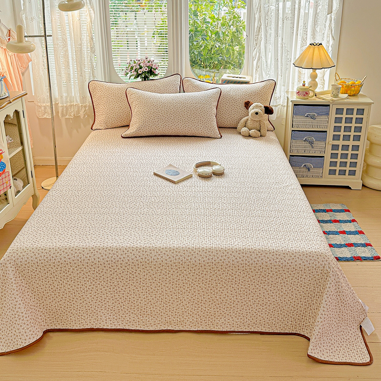 91家纺网 家纺一手货源 找家纺 文黛家居 2026新款全棉双层纱床盖四件套 浅苔-杏