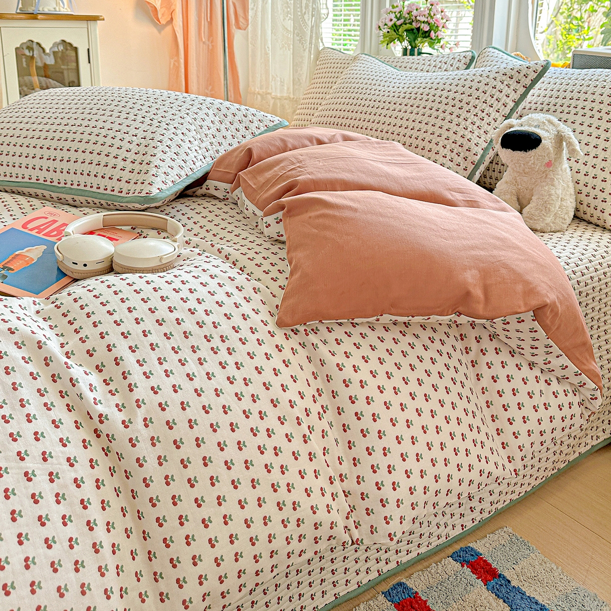 91家纺网 家纺一手货源 找家纺 文黛家居 2026新款全棉双层纱床盖四件套 桃见-红