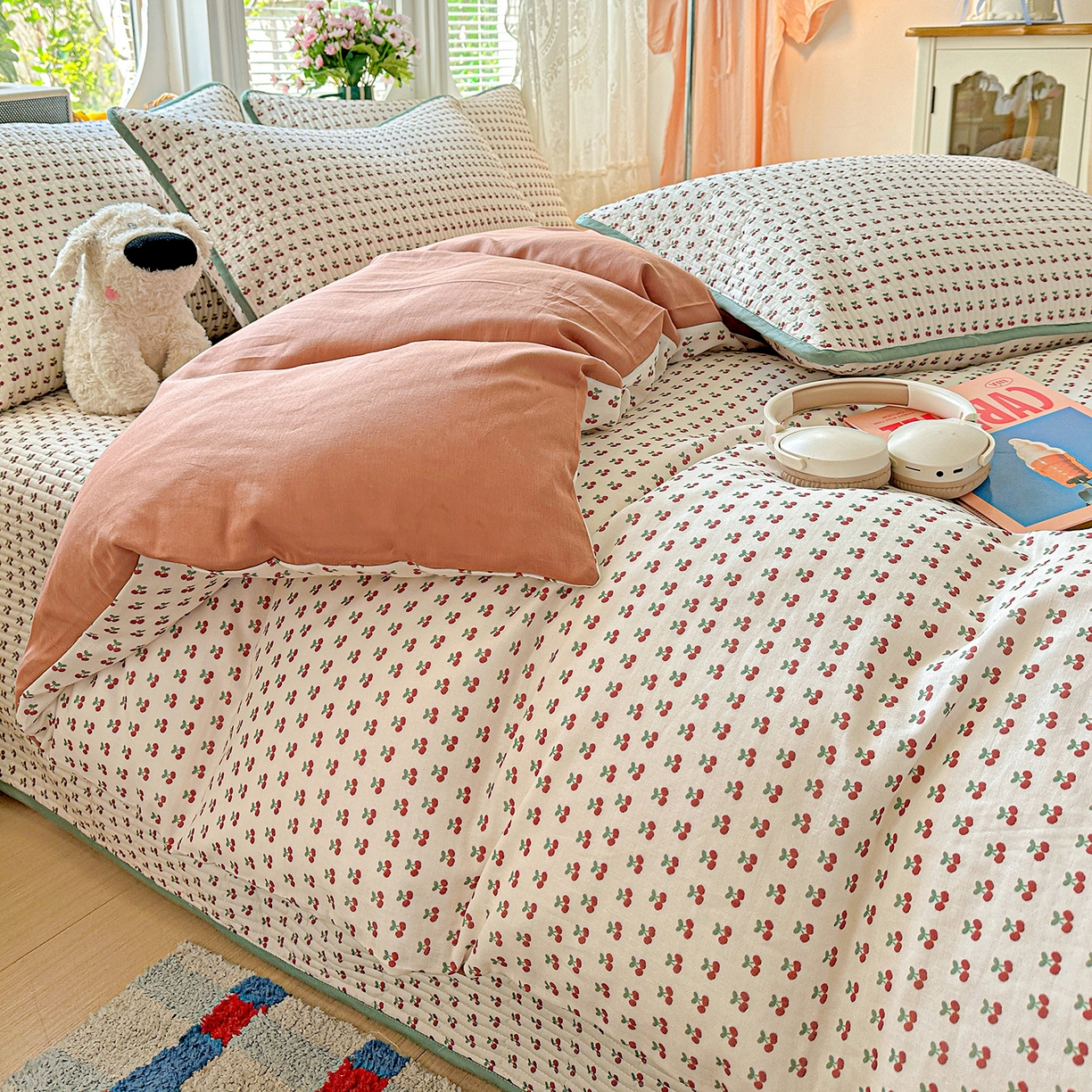 91家纺网 家纺一手货源 找家纺 文黛家居 2026新款全棉双层纱床盖四件套 桃见-红