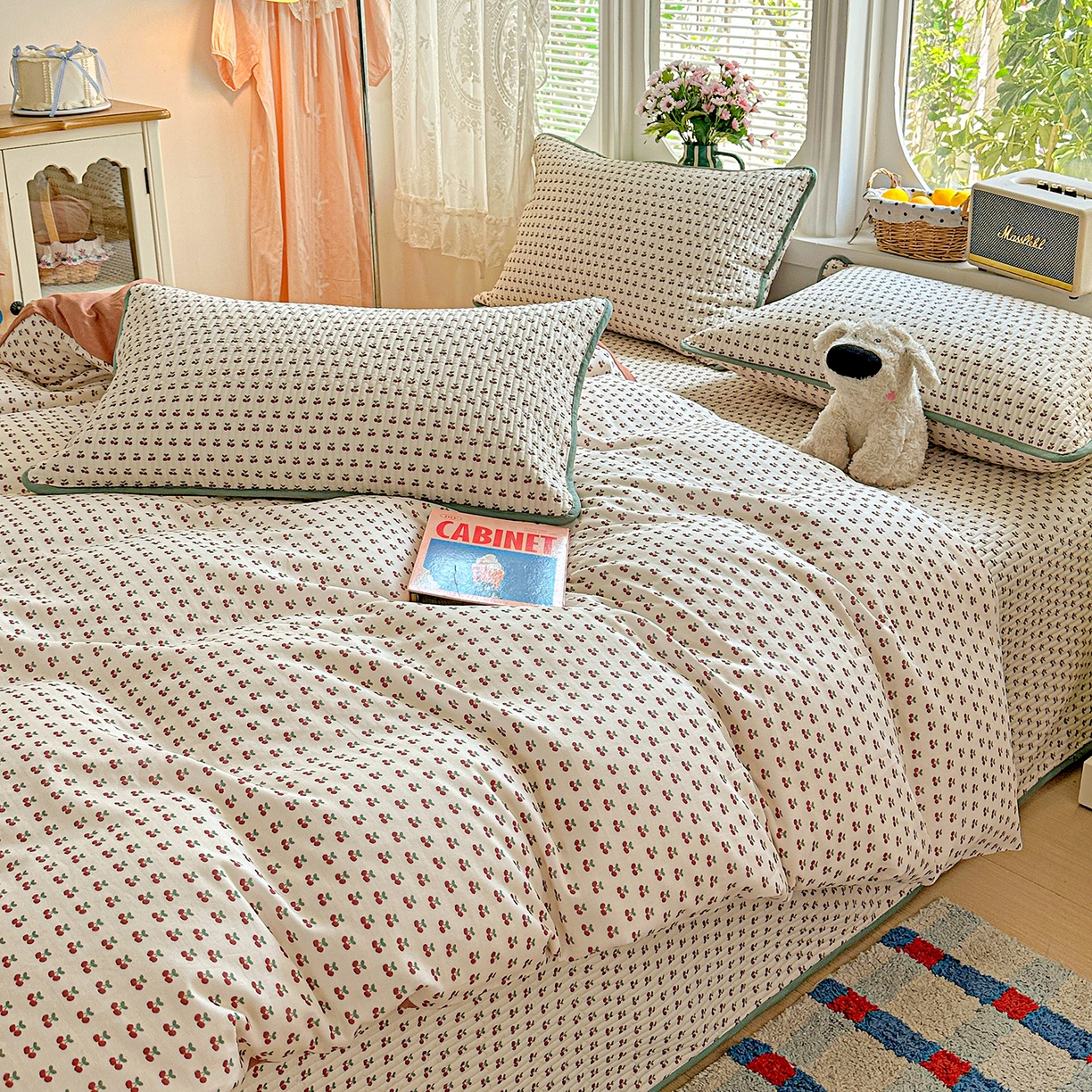 91家纺网 家纺一手货源 找家纺 文黛家居 2026新款全棉双层纱床盖四件套 桃见-红