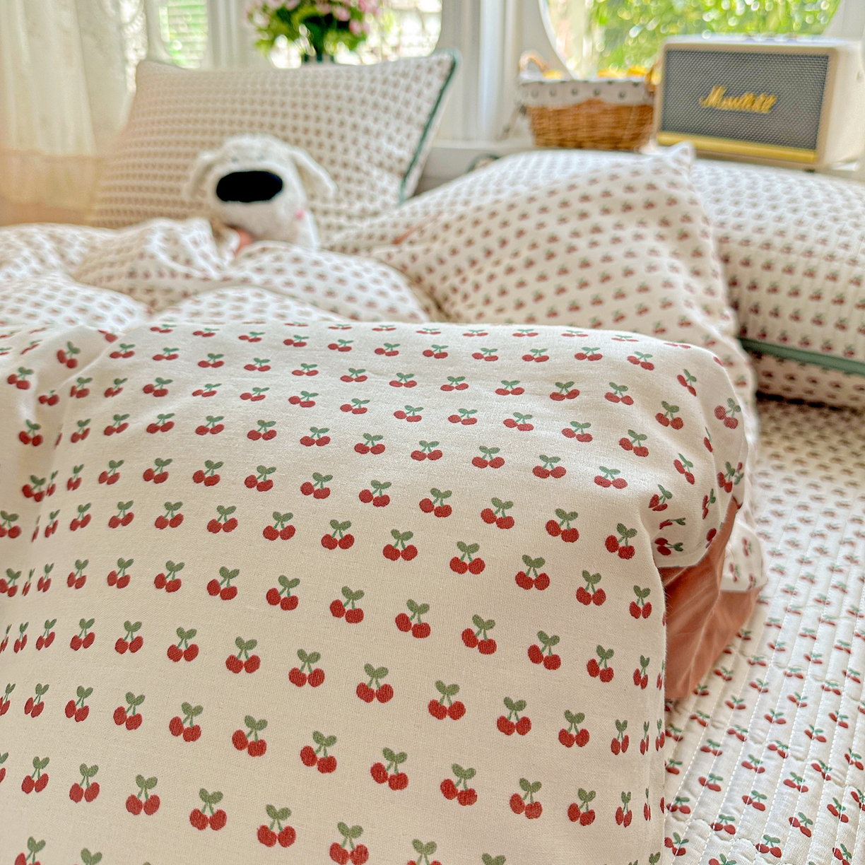 91家纺网 家纺一手货源 找家纺 文黛家居 2026新款全棉双层纱床盖四件套 桃见-红