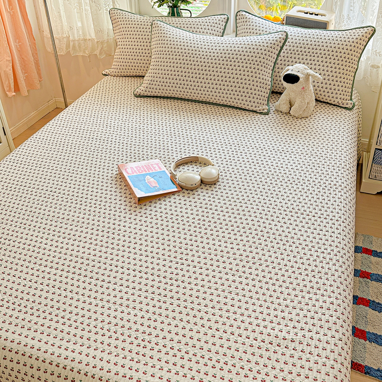 91家纺网 家纺一手货源 找家纺 文黛家居 2026新款全棉双层纱床盖四件套 桃见-红