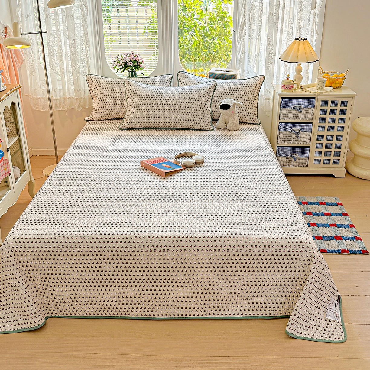 91家纺网 家纺一手货源 找家纺 文黛家居 2026新款全棉双层纱床盖四件套 桃见-红