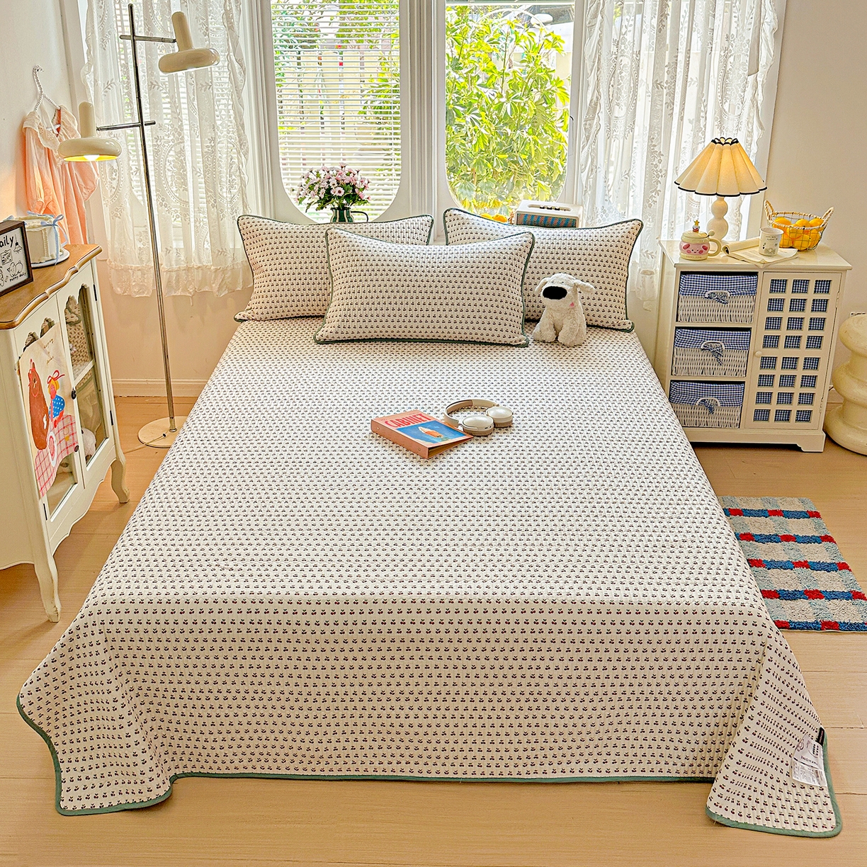 91家纺网 家纺一手货源 找家纺 文黛家居 2026新款全棉双层纱床盖四件套 桃见-红