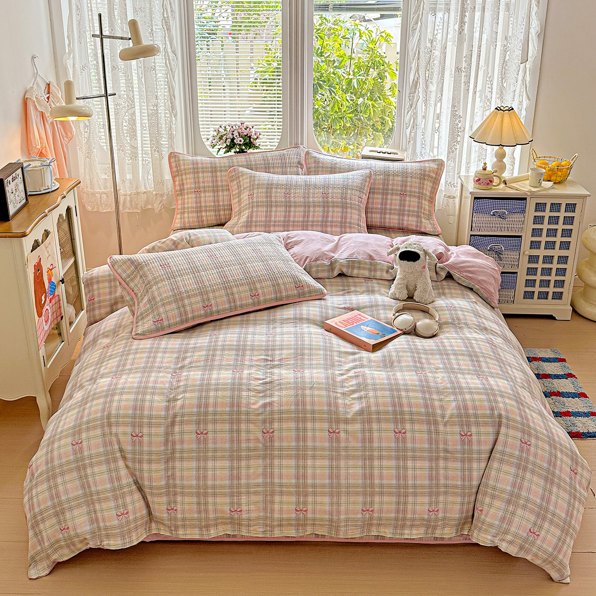 91家纺网 家纺一手货源 找家纺 文黛家居 2026新款全棉双层纱床盖四件套 甜心结