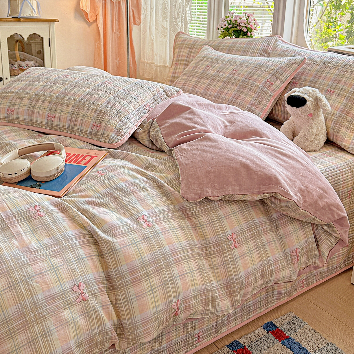 91家纺网 家纺一手货源 找家纺 文黛家居 2026新款全棉双层纱床盖四件套 甜心结