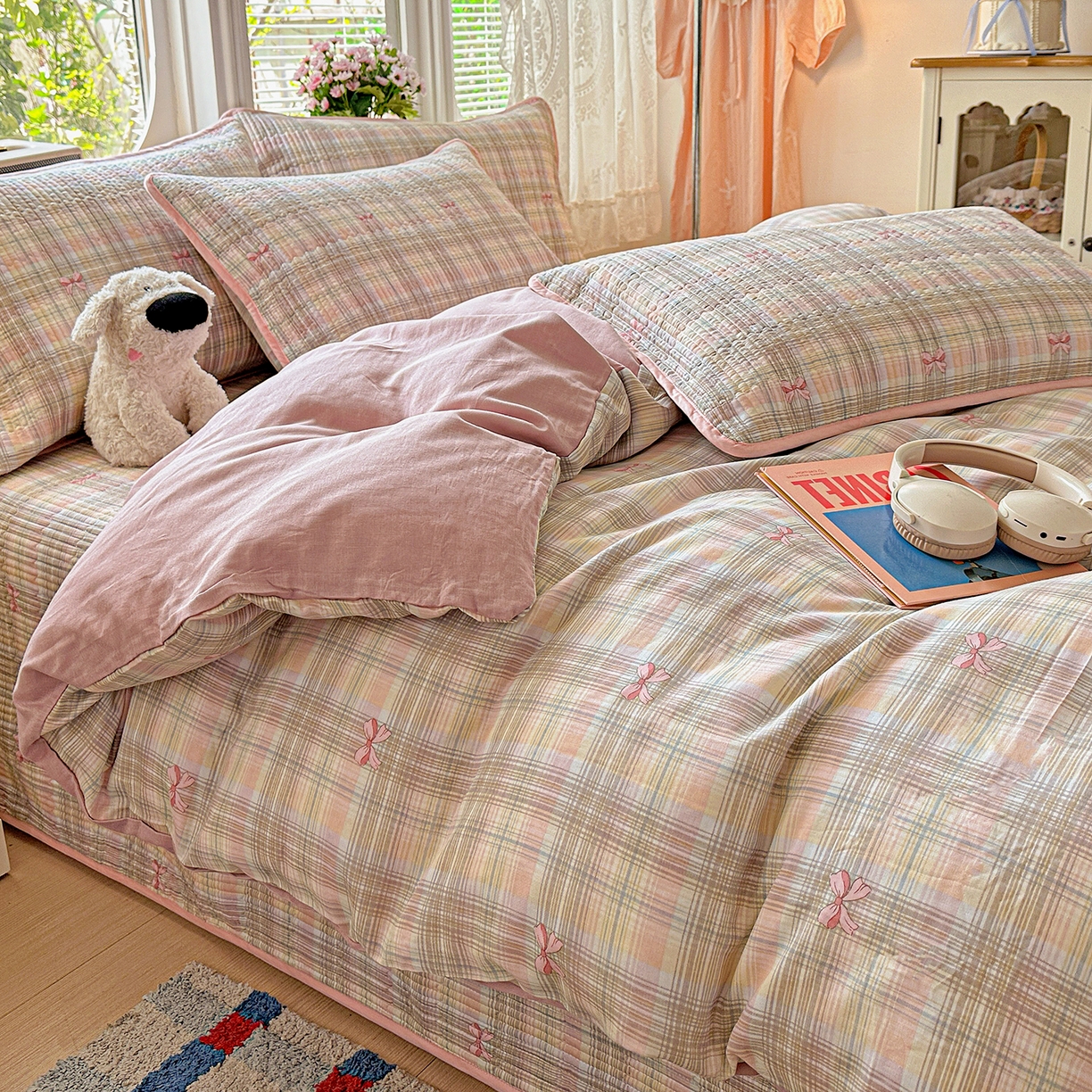 91家纺网 家纺一手货源 找家纺 文黛家居 2026新款全棉双层纱床盖四件套 甜心结