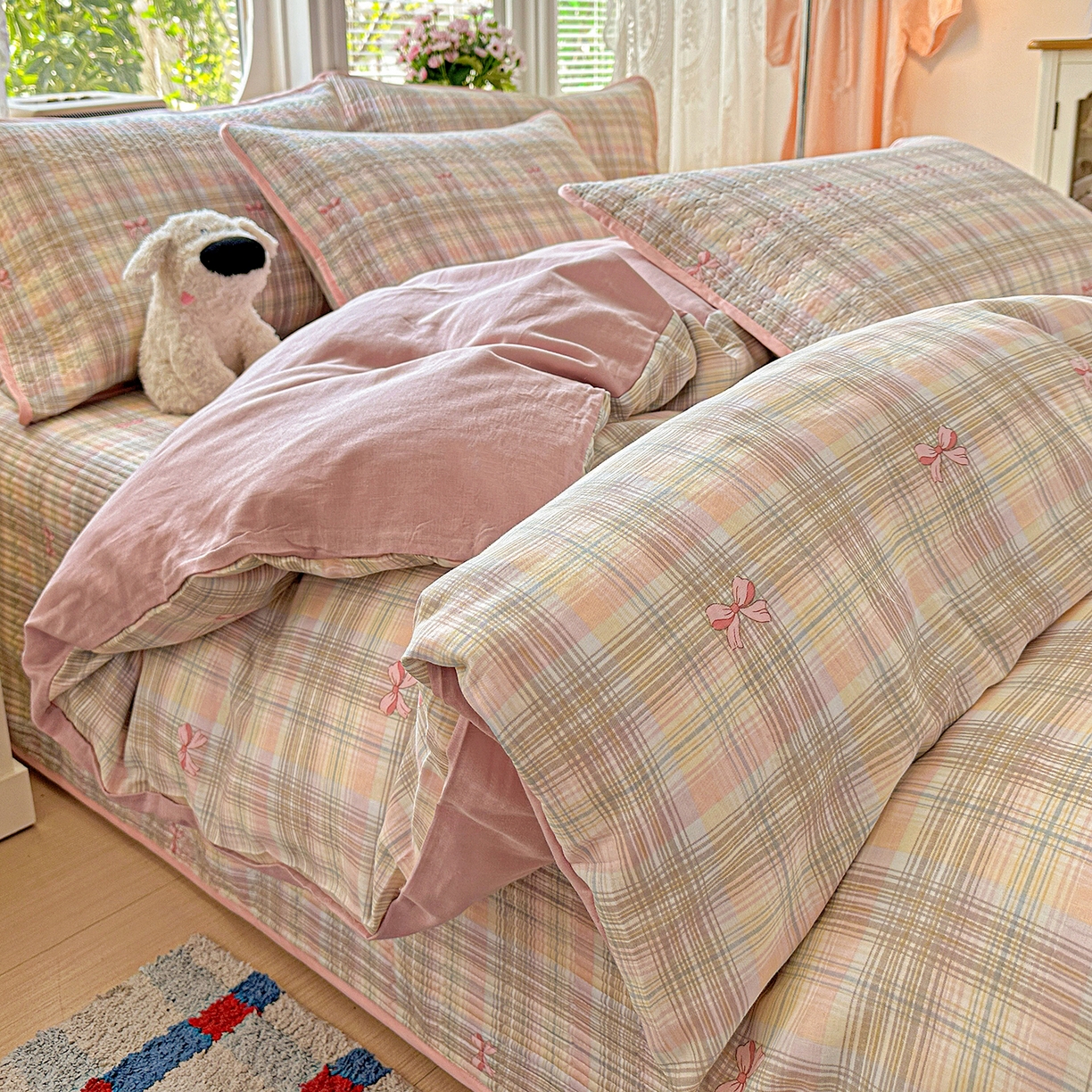 91家纺网 家纺一手货源 找家纺 文黛家居 2026新款全棉双层纱床盖四件套 甜心结