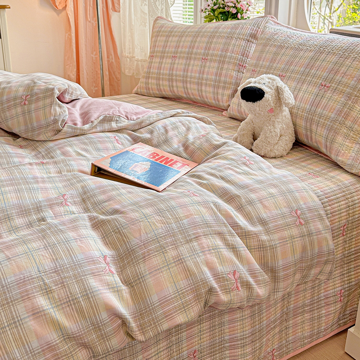 91家纺网 家纺一手货源 找家纺 文黛家居 2026新款全棉双层纱床盖四件套 甜心结