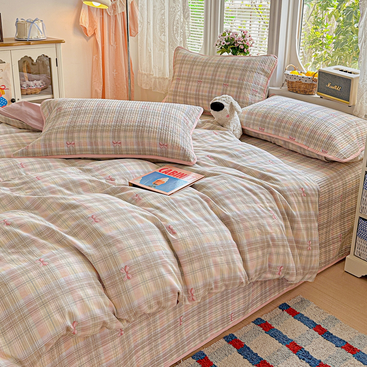 91家纺网 家纺一手货源 找家纺 文黛家居 2026新款全棉双层纱床盖四件套 甜心结