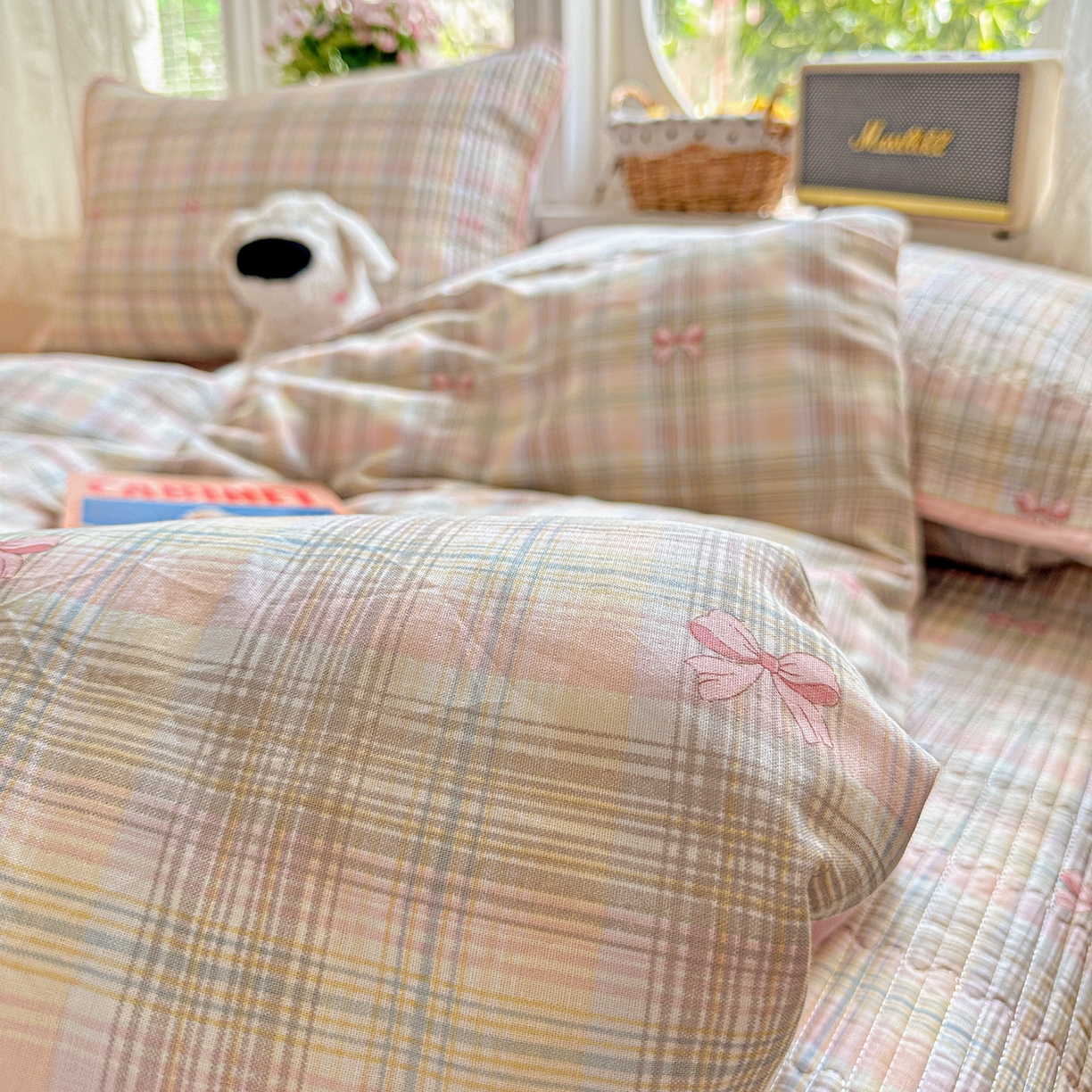 91家纺网 家纺一手货源 找家纺 文黛家居 2026新款全棉双层纱床盖四件套 甜心结