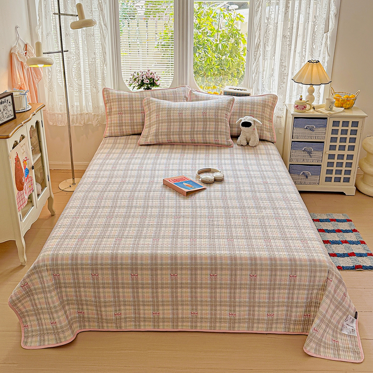 91家纺网 家纺一手货源 找家纺 文黛家居 2026新款全棉双层纱床盖四件套 甜心结