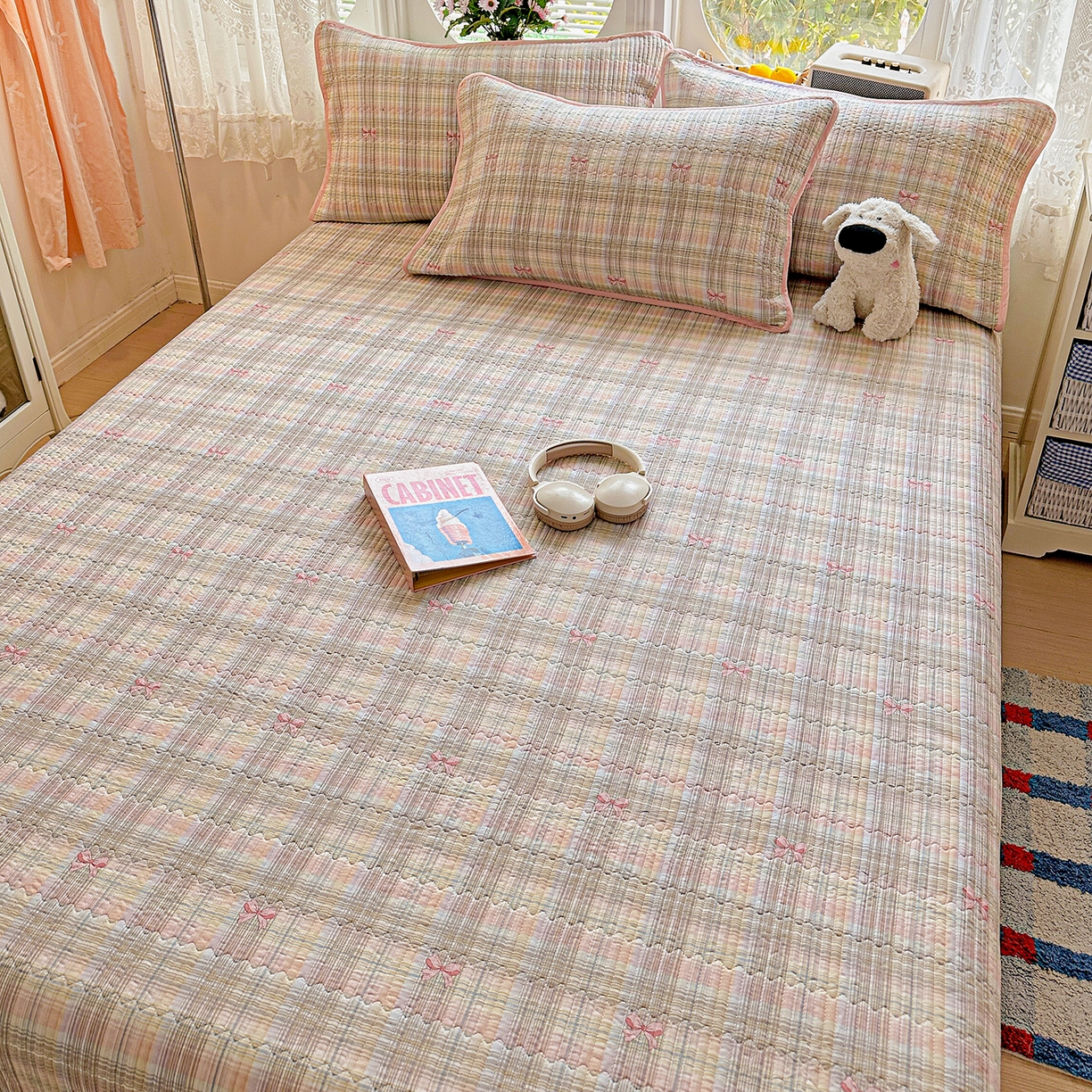 91家纺网 家纺一手货源 找家纺 文黛家居 2026新款全棉双层纱床盖四件套 甜心结