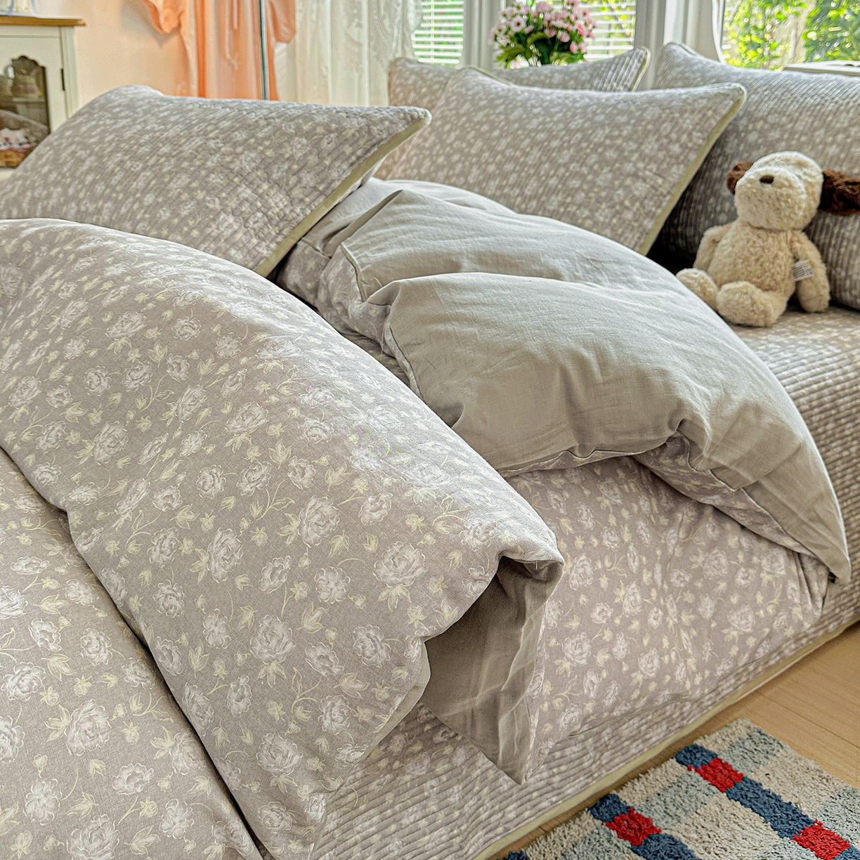 文黛家居 2026新款全棉双层纱床盖四件套 雾灰花影