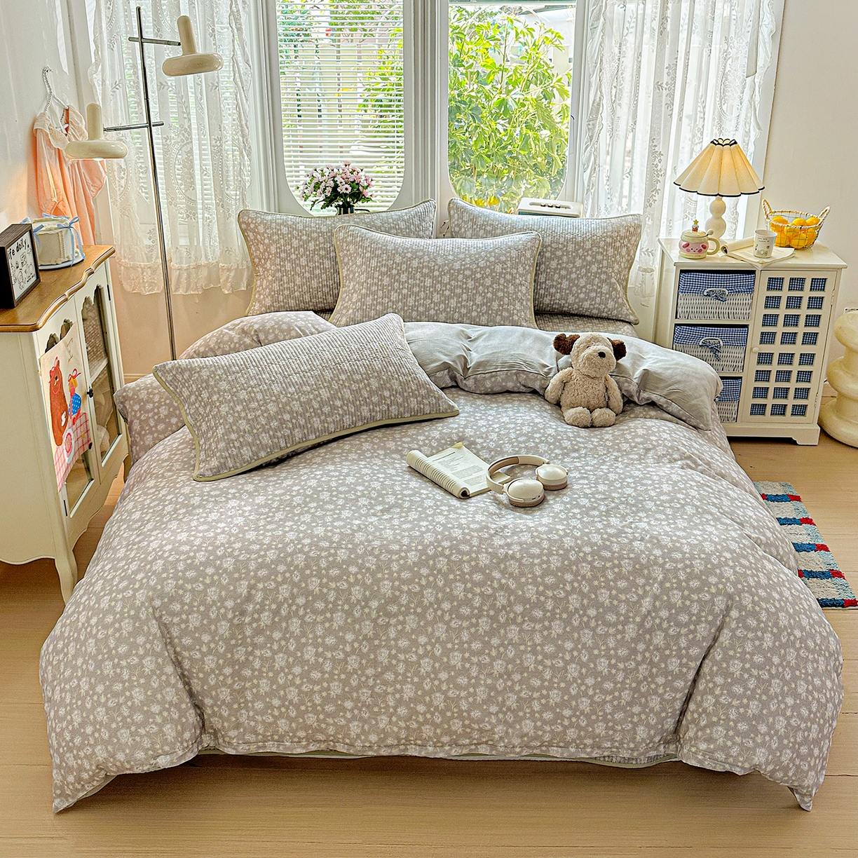 91家纺网 家纺一手货源 找家纺 文黛家居 2026新款全棉双层纱床盖四件套 雾灰花影