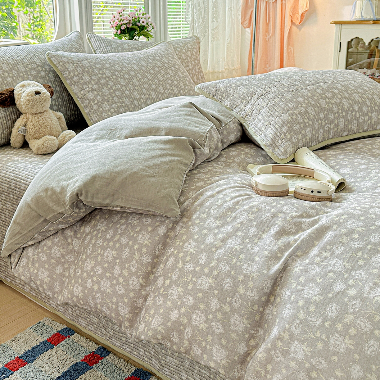 91家纺网 家纺一手货源 找家纺 文黛家居 2026新款全棉双层纱床盖四件套 雾灰花影