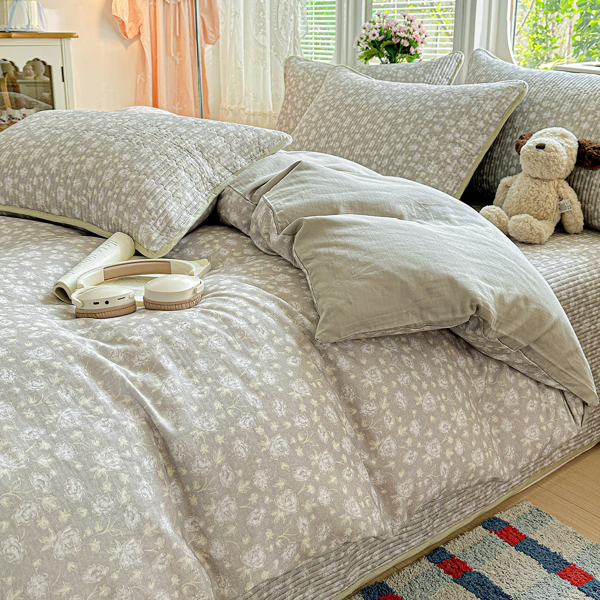 91家纺网 家纺一手货源 找家纺 文黛家居 2026新款全棉双层纱床盖四件套 雾灰花影