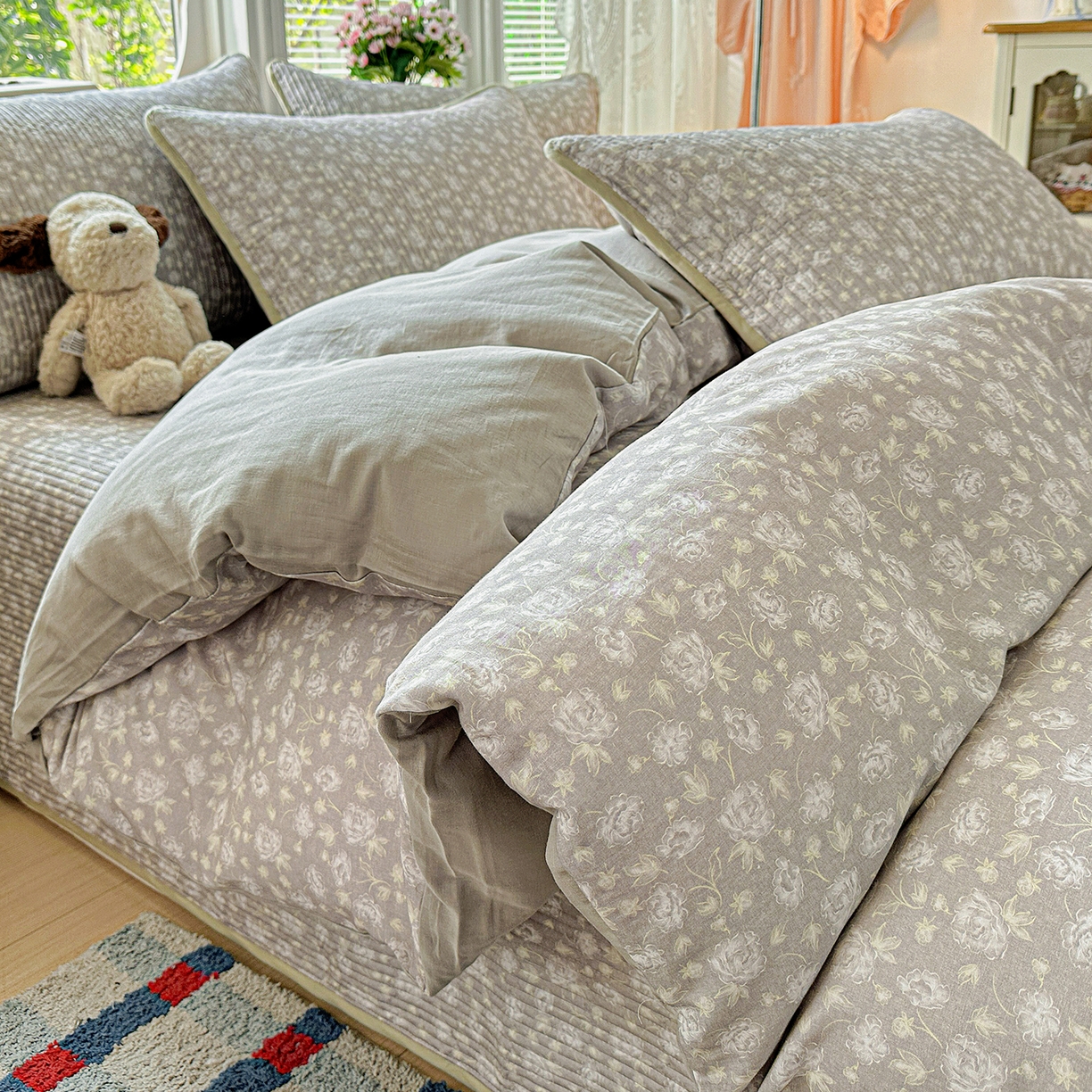 91家纺网 家纺一手货源 找家纺 文黛家居 2026新款全棉双层纱床盖四件套 雾灰花影