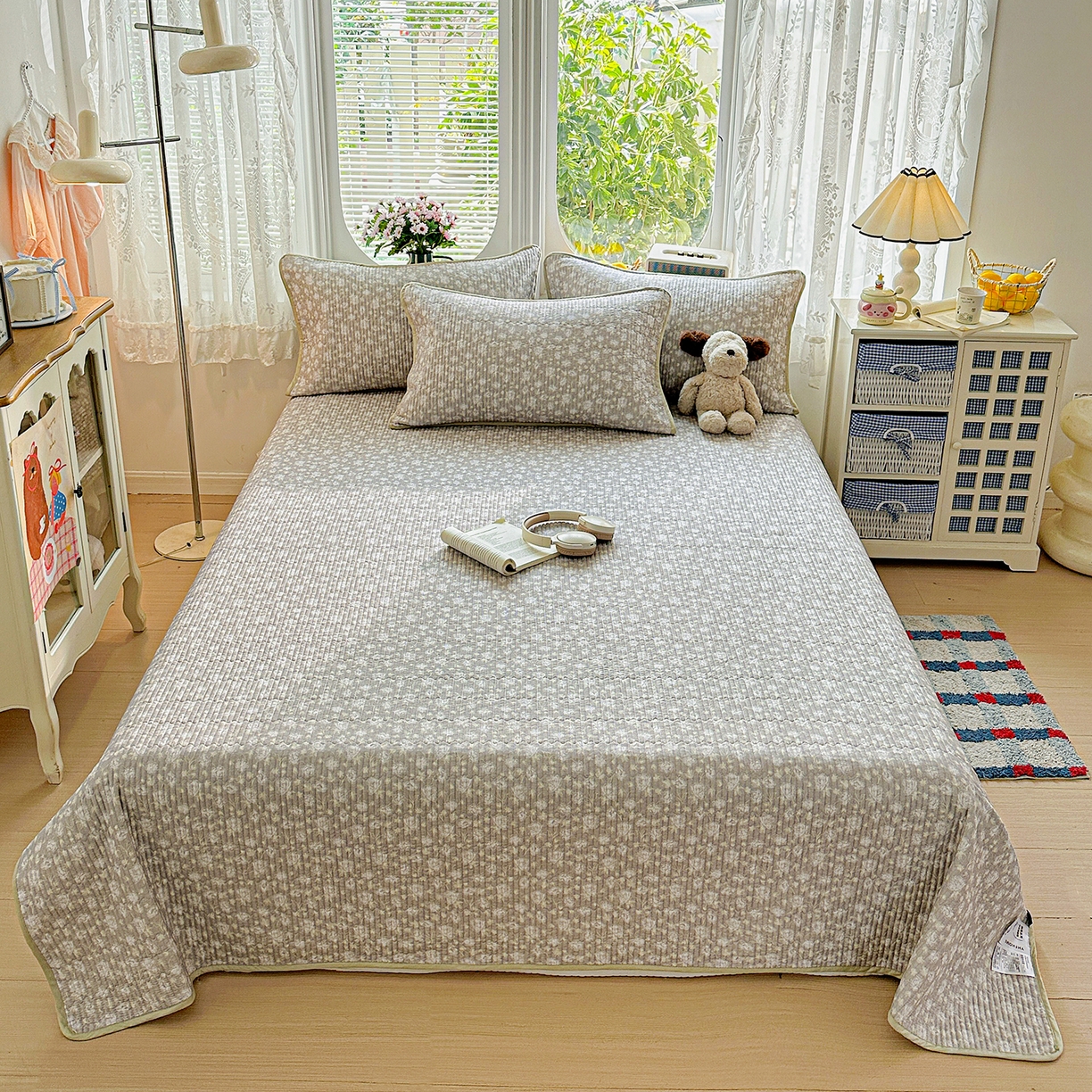 91家纺网 家纺一手货源 找家纺 文黛家居 2026新款全棉双层纱床盖四件套 雾灰花影