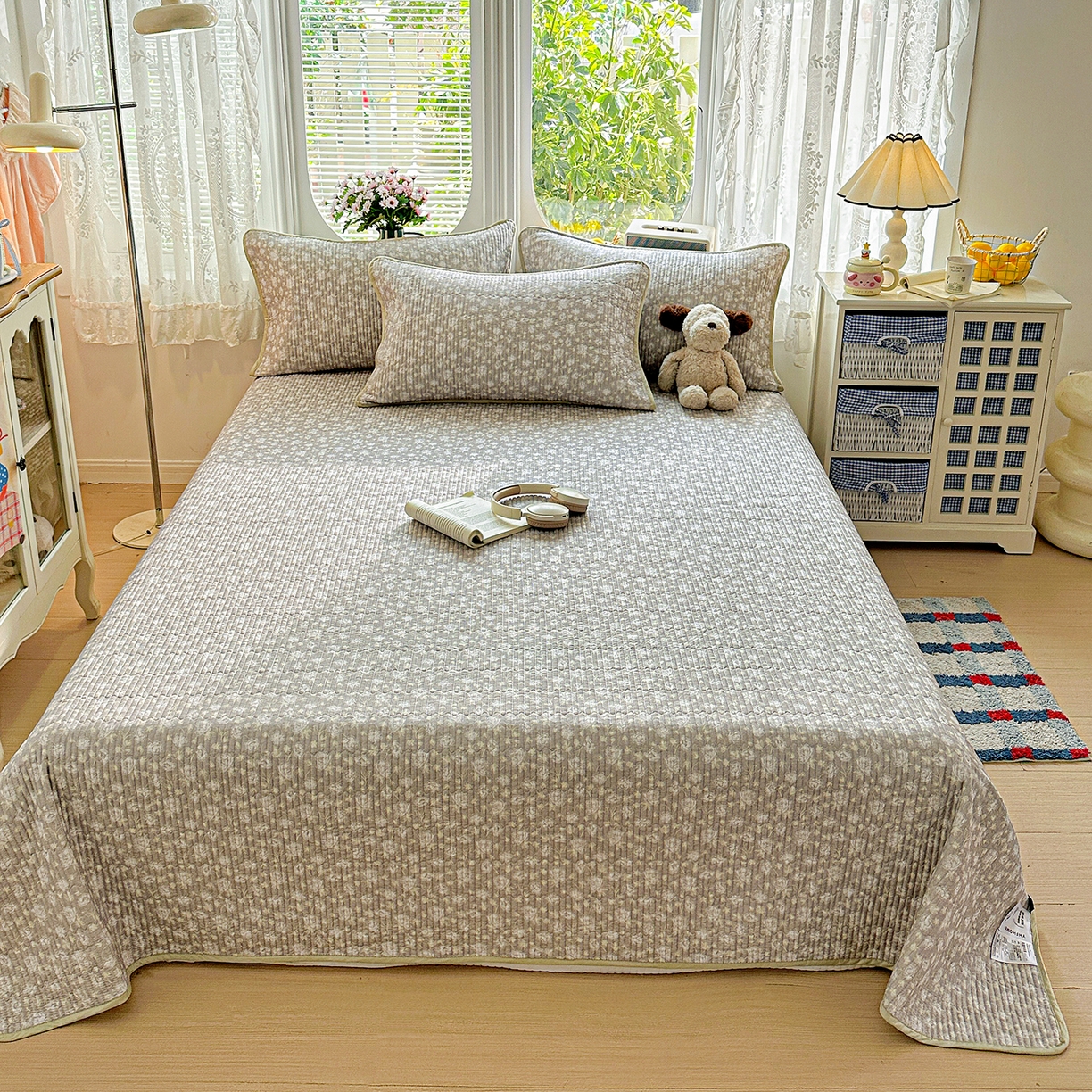 91家纺网 家纺一手货源 找家纺 文黛家居 2026新款全棉双层纱床盖四件套 雾灰花影