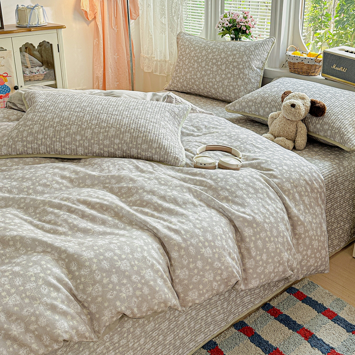 91家纺网 家纺一手货源 找家纺 文黛家居 2026新款全棉双层纱床盖四件套 雾灰花影