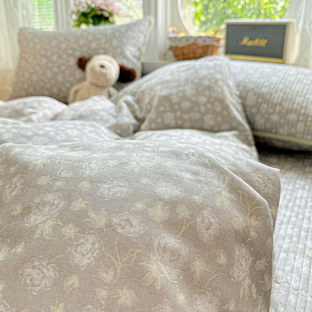 91家纺网 家纺一手货源 找家纺 文黛家居 2026新款全棉双层纱床盖四件套 雾灰花影