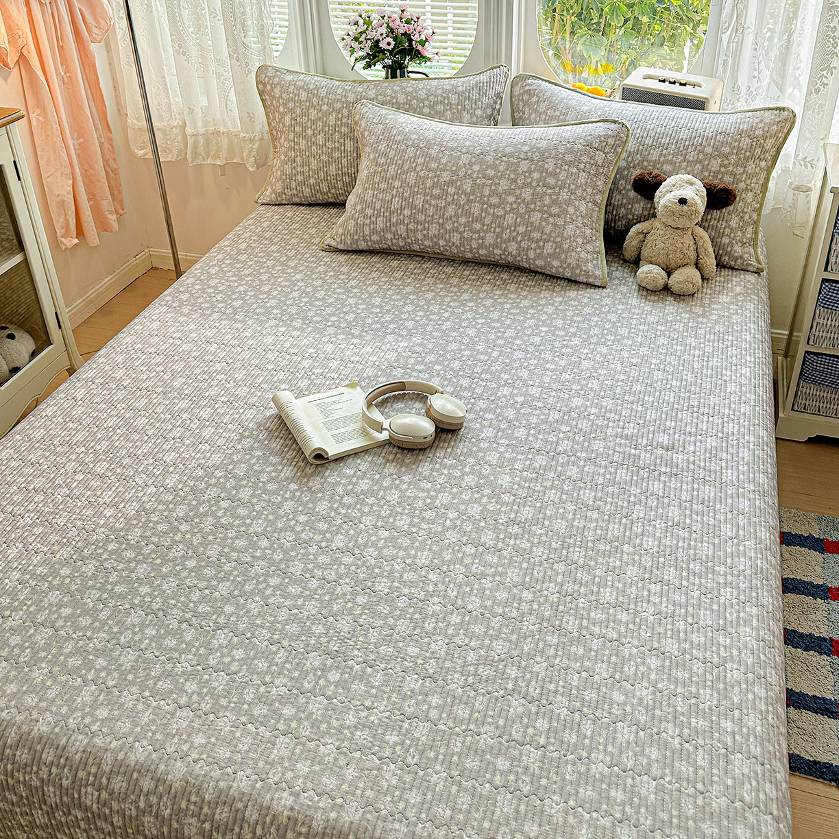 91家纺网 家纺一手货源 找家纺 文黛家居 2026新款全棉双层纱床盖四件套 雾灰花影