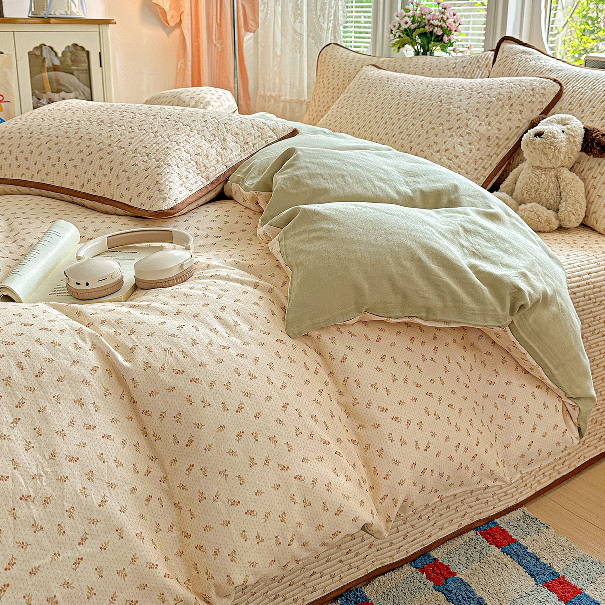 91家纺网 家纺一手货源 找家纺 文黛家居 2026新款全棉双层纱床盖四件套 烟花漫语