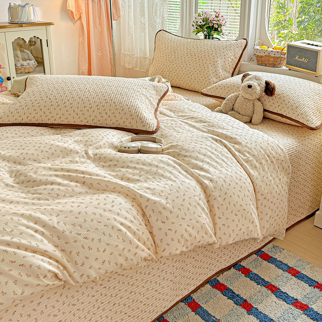 91家纺网 家纺一手货源 找家纺 文黛家居 2026新款全棉双层纱床盖四件套 烟花漫语