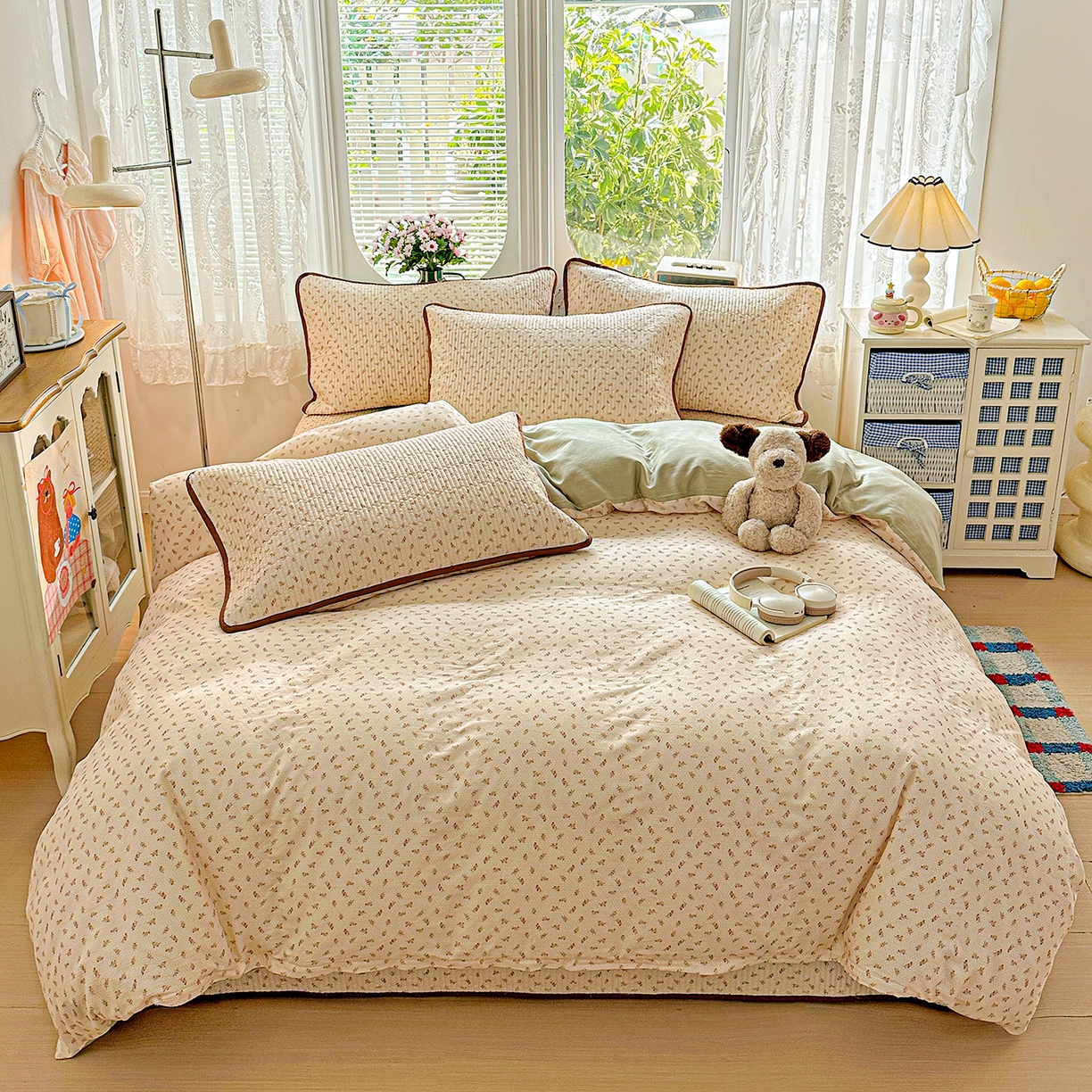 91家纺网 家纺一手货源 找家纺 文黛家居 2026新款全棉双层纱床盖四件套 烟花漫语