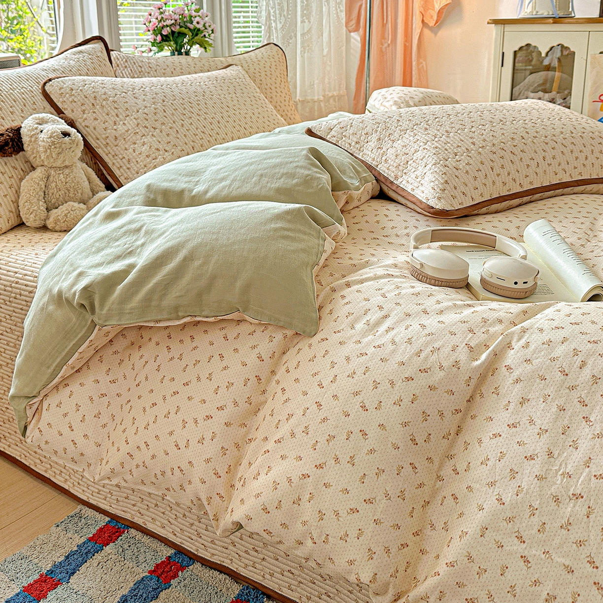 91家纺网 家纺一手货源 找家纺 文黛家居 2026新款全棉双层纱床盖四件套 烟花漫语