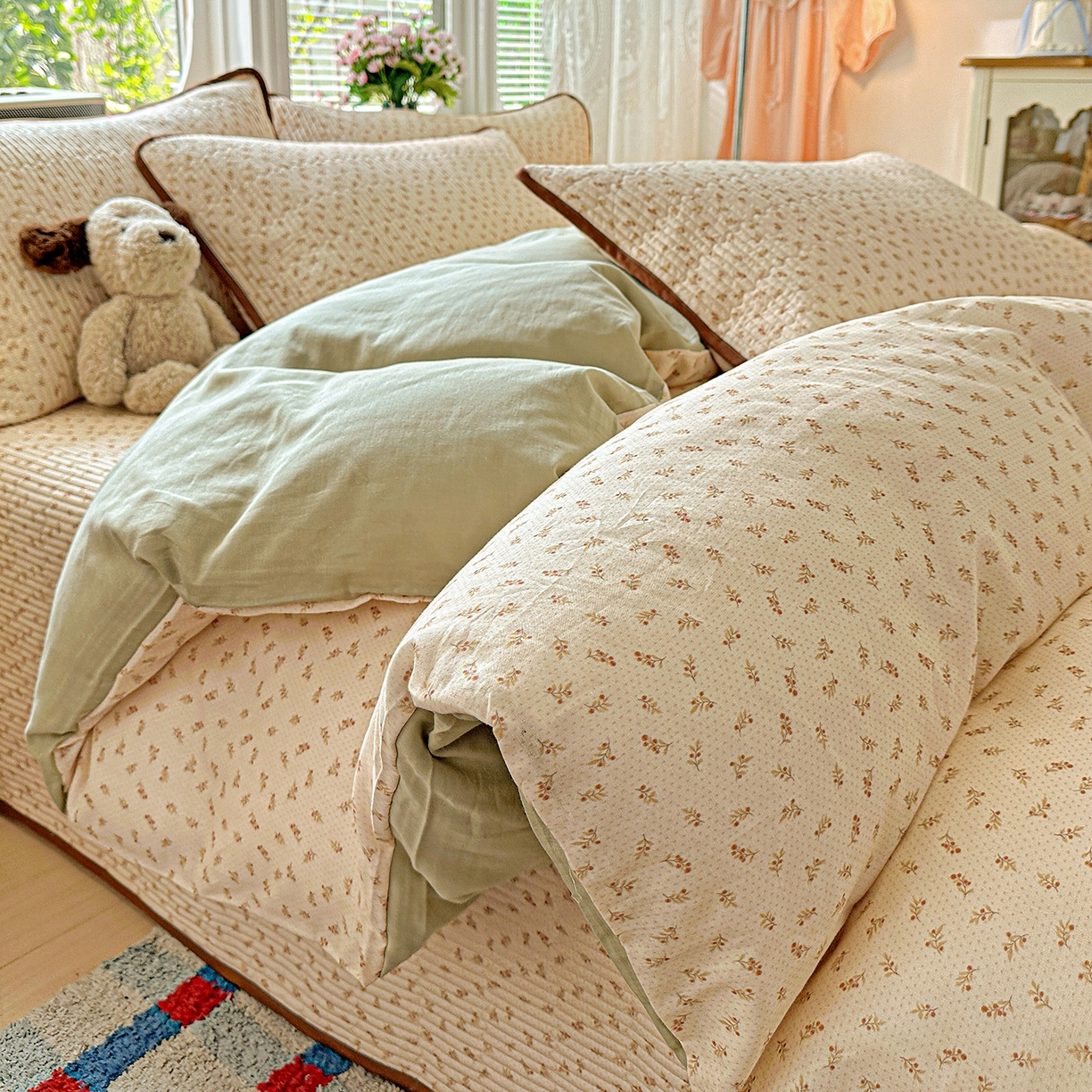 91家纺网 家纺一手货源 找家纺 文黛家居 2026新款全棉双层纱床盖四件套 烟花漫语