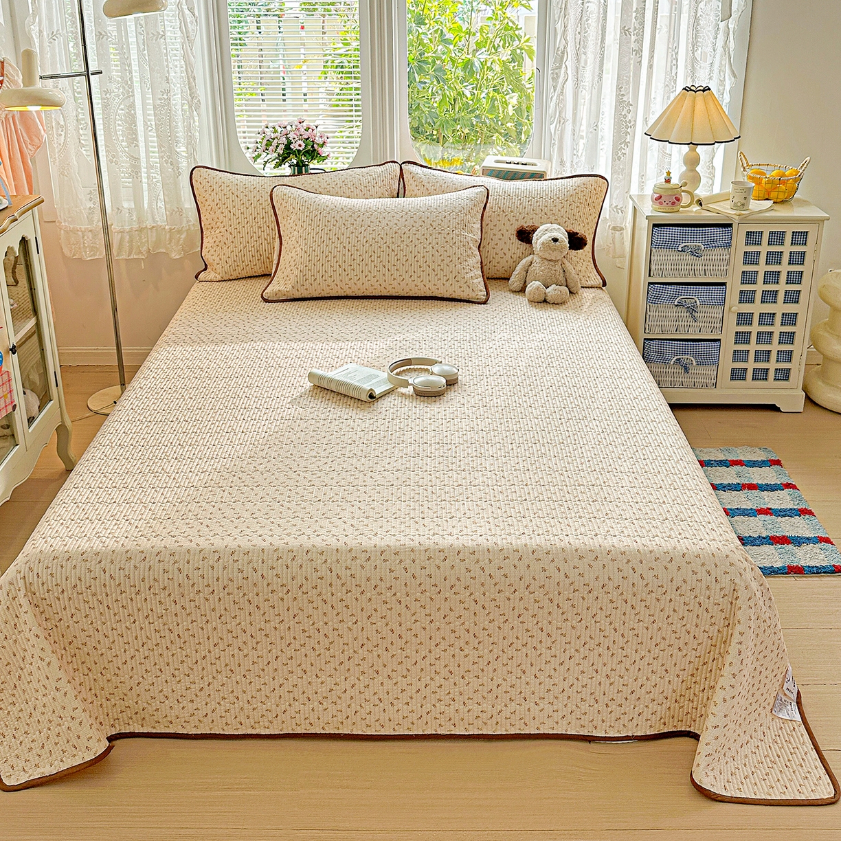 91家纺网 家纺一手货源 找家纺 文黛家居 2026新款全棉双层纱床盖四件套 烟花漫语