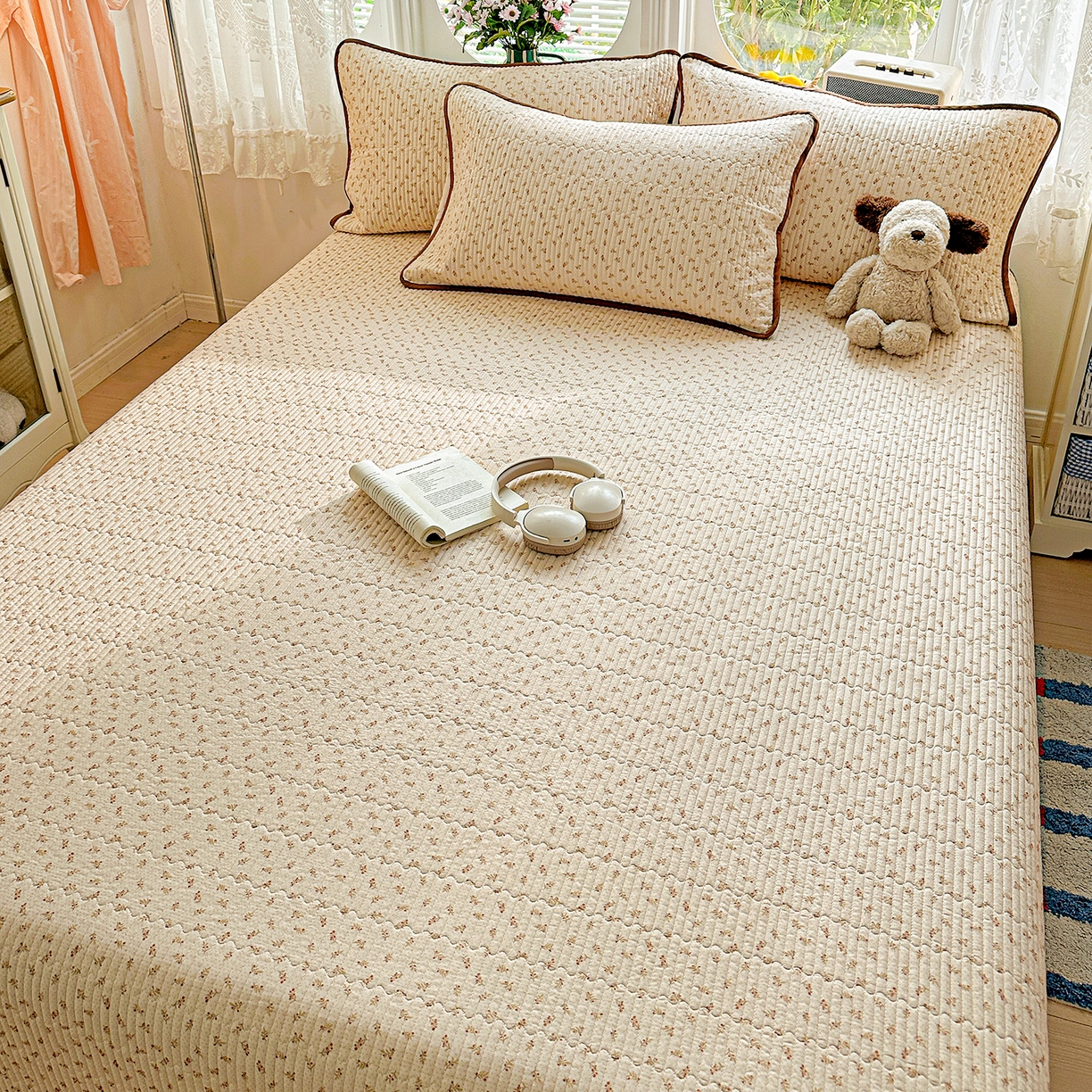 91家纺网 家纺一手货源 找家纺 文黛家居 2026新款全棉双层纱床盖四件套 烟花漫语