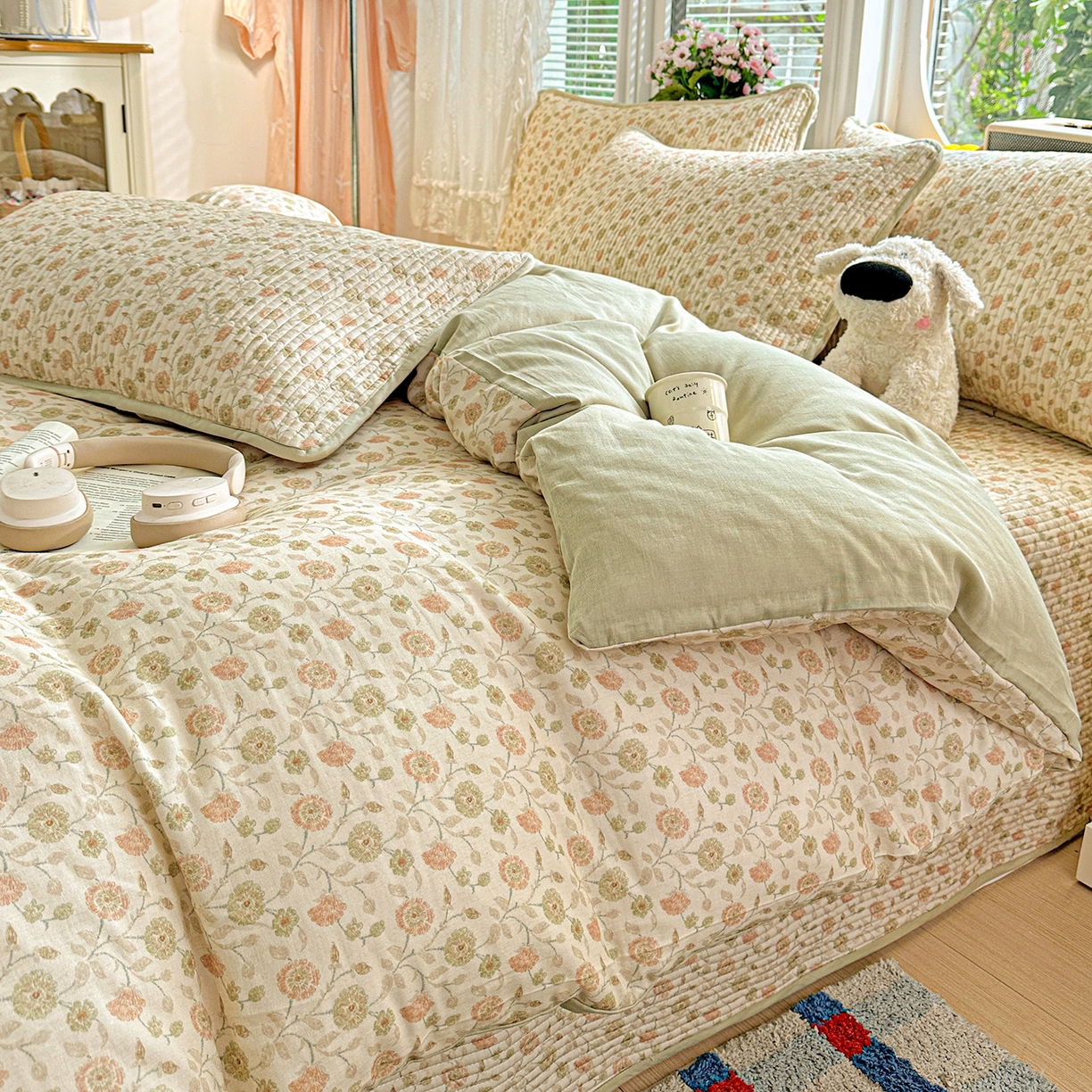 91家纺网 家纺一手货源 找家纺 文黛家居 2026新款全棉双层纱床盖四件套 烟雨蒙蒙