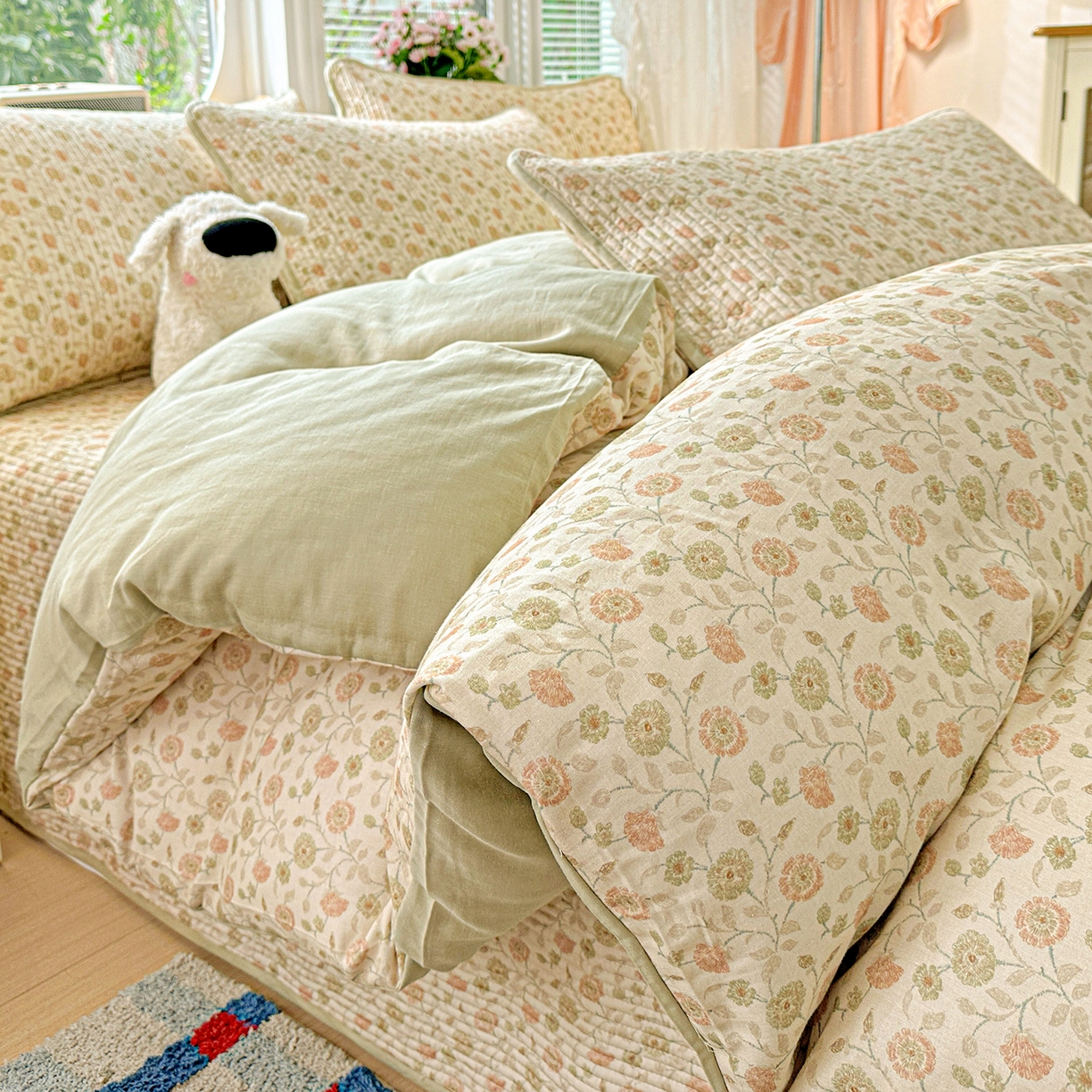 91家纺网 家纺一手货源 找家纺 文黛家居 2026新款全棉双层纱床盖四件套 烟雨蒙蒙