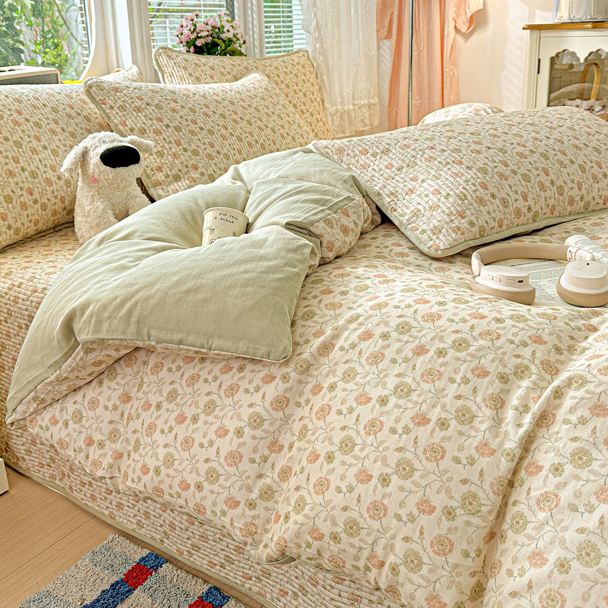 91家纺网 家纺一手货源 找家纺 文黛家居 2026新款全棉双层纱床盖四件套 烟雨蒙蒙