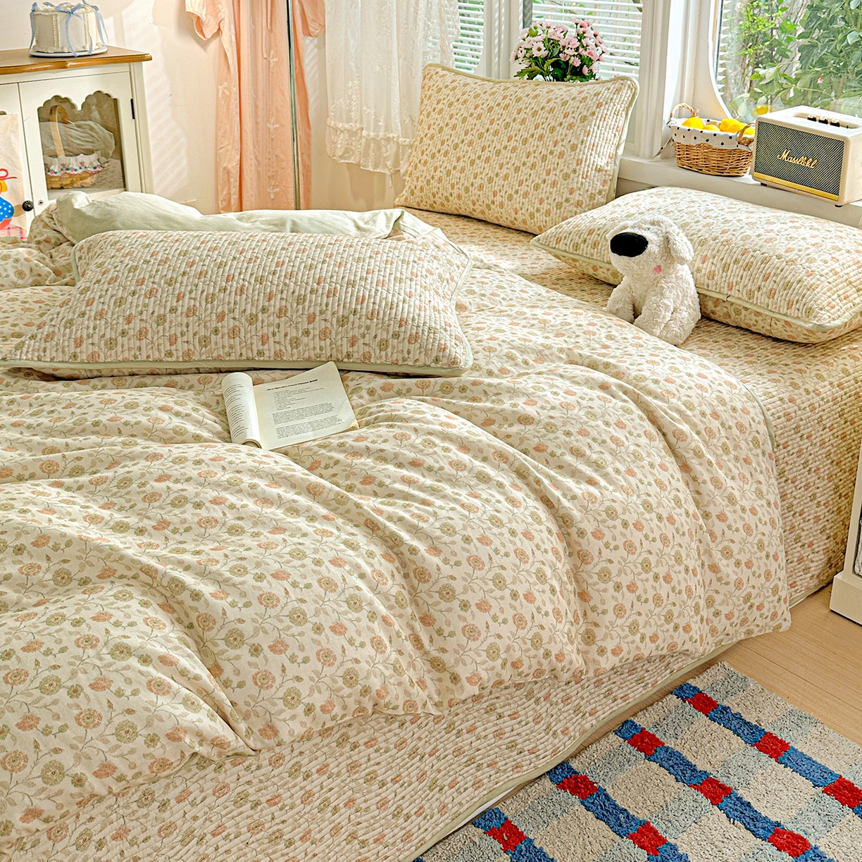 91家纺网 家纺一手货源 找家纺 文黛家居 2026新款全棉双层纱床盖四件套 烟雨蒙蒙