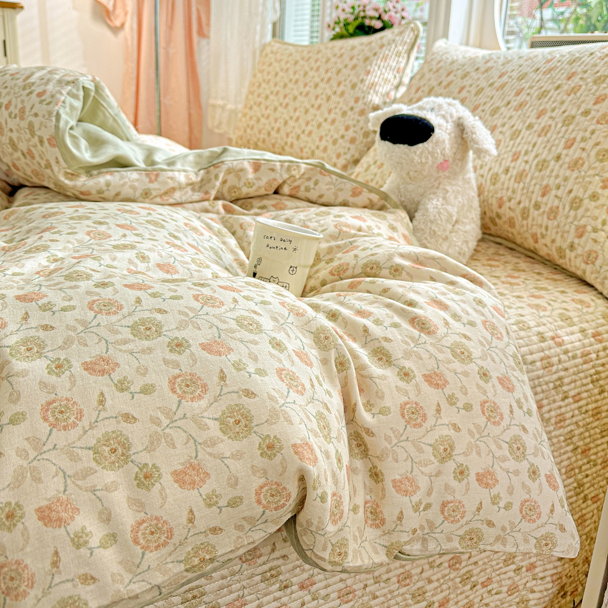 91家纺网 家纺一手货源 找家纺 文黛家居 2026新款全棉双层纱床盖四件套 烟雨蒙蒙