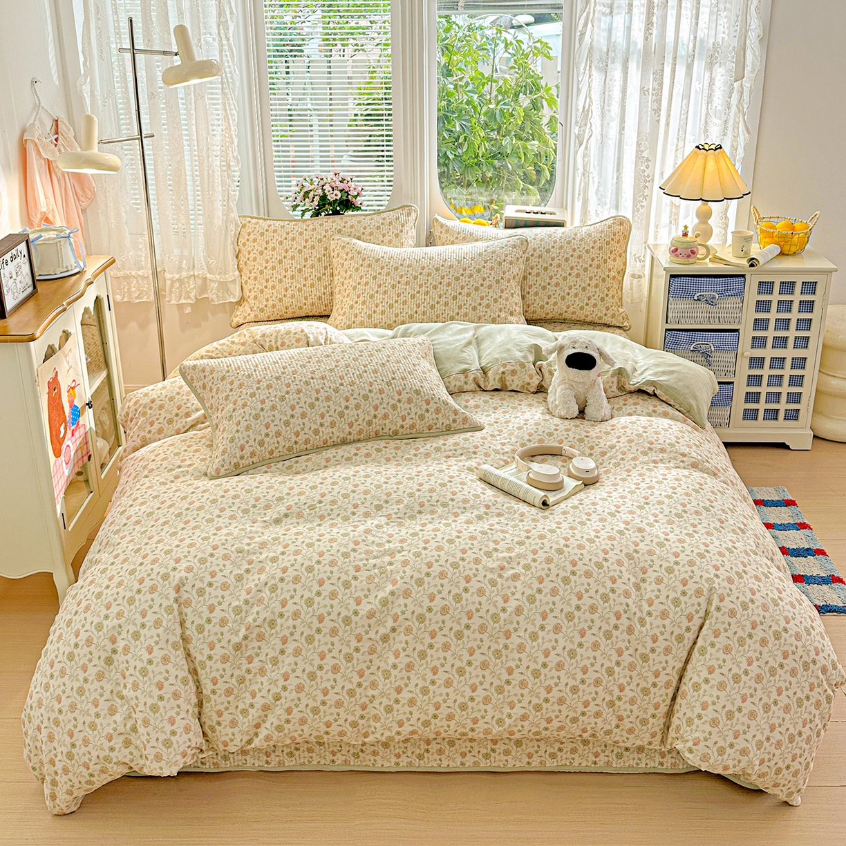 91家纺网 家纺一手货源 找家纺 文黛家居 2026新款全棉双层纱床盖四件套 烟雨蒙蒙