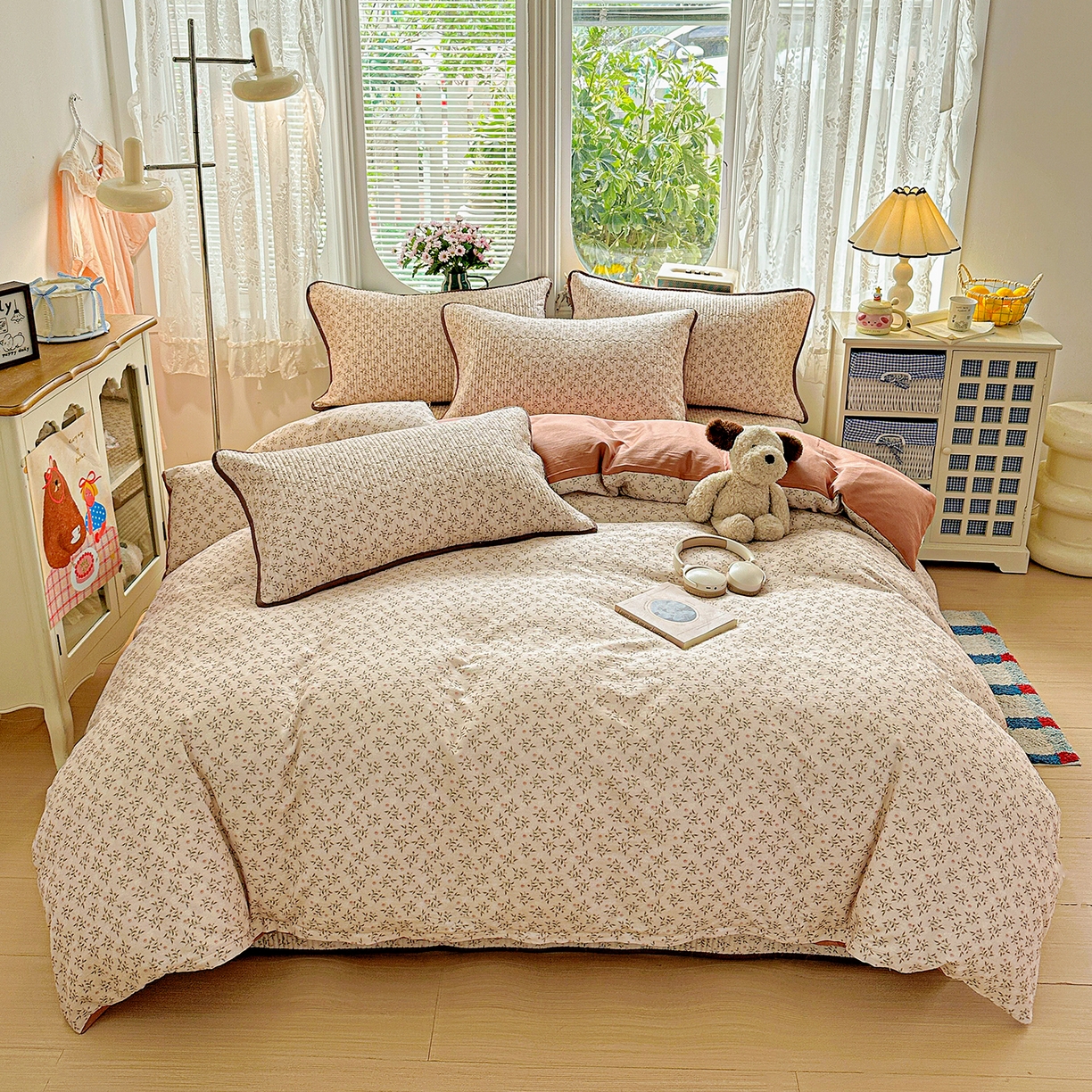 91家纺网 家纺一手货源 找家纺 文黛家居 2026新款全棉双层纱床盖四件套 叶柳